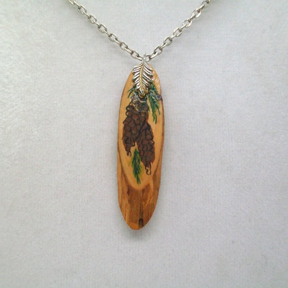 Hand Painted Pinecones Evergreen  Sprigs On Natural Wood Pendant Necklace